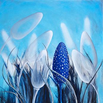 Marta Konieczny original oil painting on canvas turquoise blue transparent forms square 60x60 nature flowers plants meadow best gallery in Warsaw for gift for women modern hose loft 
best beauty modern cm