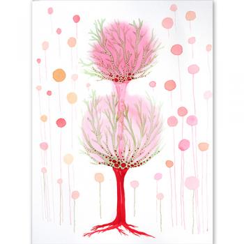 Original watercolor beauty best nature botany art modern Marta Konieczny, for gift present, for children, for women, happiness tree, pink, red, tree, 40x30 cm, decoration for home