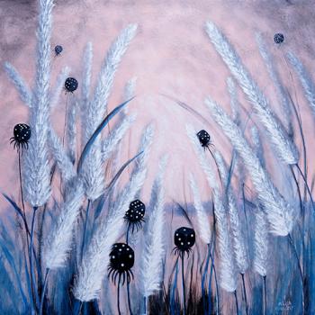 Marta Konieczny original oil painting on canvas pink blue black dice white grasses square 100X100 cm nature flowers plants meadow best gallery in Warsaw for gift for women modern house loft 
best beauty modern
