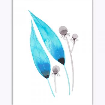 Original watercolor beauty best nature botany art modern Marta Konieczny, for gift present, for children, for women, flowers, blue, turquoise, leaves