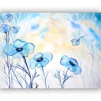 Original watercolor beauty best nature botany art modern Marta Konieczny, for gift present, for children, for women, flowers, indigo, blue, grey, meadow, organic, plants, abstract, 30x40 cm gold turquoise