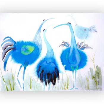 Original watercolor beauty best nature botany art modern Marta Konieczny, for gift present, for children, for women, cranes, birds, blue, grey, green, couple, love, landscape 30x40 cm