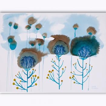 Original watercolor beauty best nature botany art modern Marta Konieczny, for gift present, for children, for women, blue, turquoise, emerald, blue, green, flowers, botany, landscape, 30x40 cm, paper
