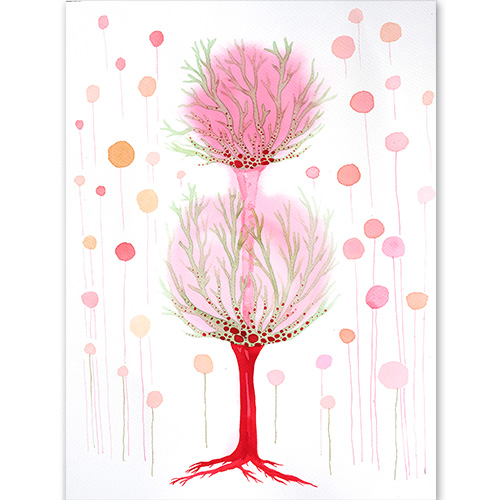 Original watercolor beauty best nature botany art modern Marta Konieczny  for gift present  for children  for women  happiness tree  pink  red  tree  40x30 cm  decoration for home