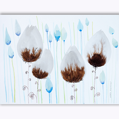 Original watercolor beauty best nature botany art modern Marta Konieczny  for gift present  for children  for women  brown  blue  flowers  30x40 cm