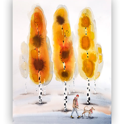 Akwarela oryginalna piękna najlepsza  Marta Konieczny 30x40 cm przyroda natura  na ścianę  do sypialni  na prezent  żółta  drzewa  brzozy  pies  mężczyzna  chart  spacer z psem  pozytywna