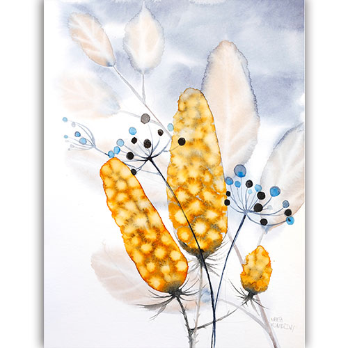 Original watercolor beauty best nature botany art modern Marta Konieczny  for gift present  for children  for women  flowers golden autumn  40x30 cm  Marta Konieczny