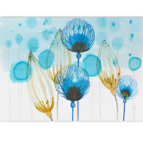Akwarela oryginalna piękna najlepsza  Marta Konieczny 30x40 cm przyroda natura  na ścianę  do sypialni  na prezent  kwiaty  wodne  pejzaż botaniczny  niebieski  turkusowy  beżowy  do salonu