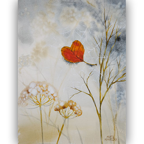watetcolor original Marta Konieczny 41x31 cm paper Baohong proffwsional love autumn web spider landscape golden light symbol gift for her gift for him red yellow