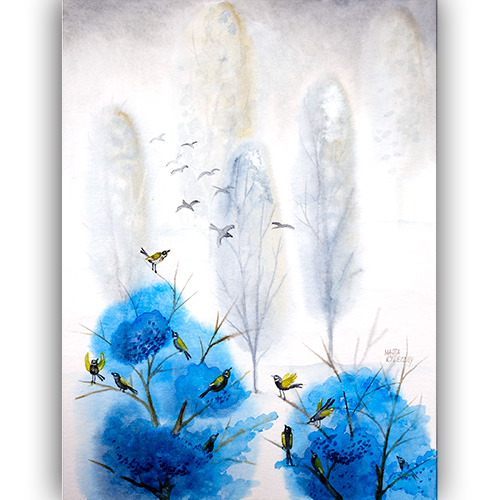 Akwarela oryginalna piękna najlepsza  Marta Konieczny 40x30 cm przyroda natura  na ścianę  do sypialni  na prezent  szare  dekoracja domu  ptaki  niebieska  drzewa  las