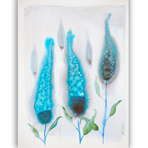 Original watercolor beauty best nature botany art modern Marta Konieczny  for gift present  for children  for women  turquoise  blue  flowers  40x30 cm
