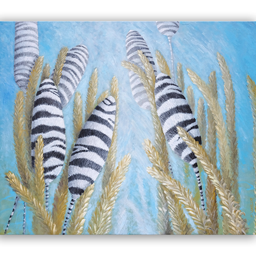 Oil painting golden grasses and black-and-white striped forms on a turquoise background