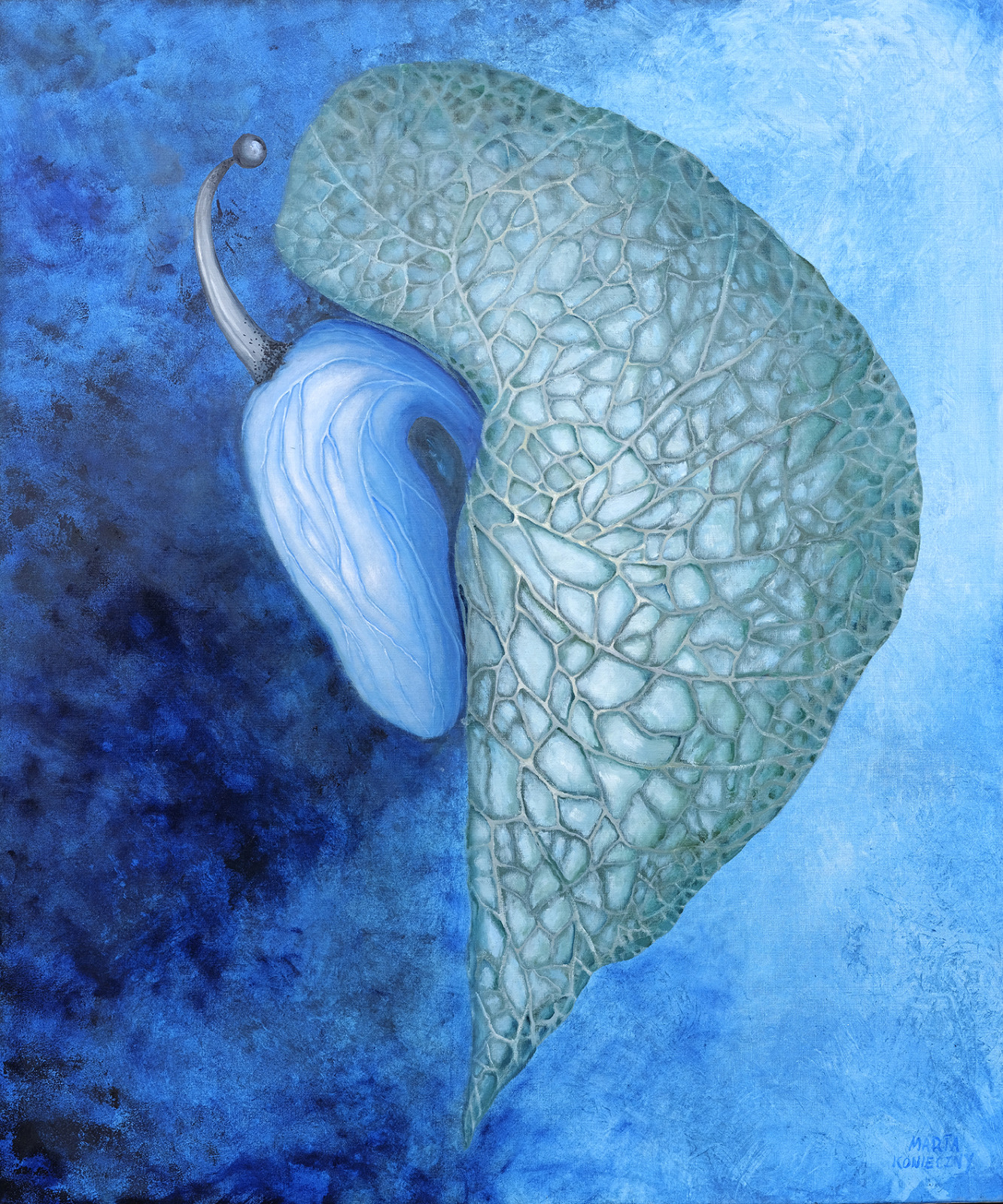 Oil painting blue S shaped form beside a turquoise mosaic net on a navy background