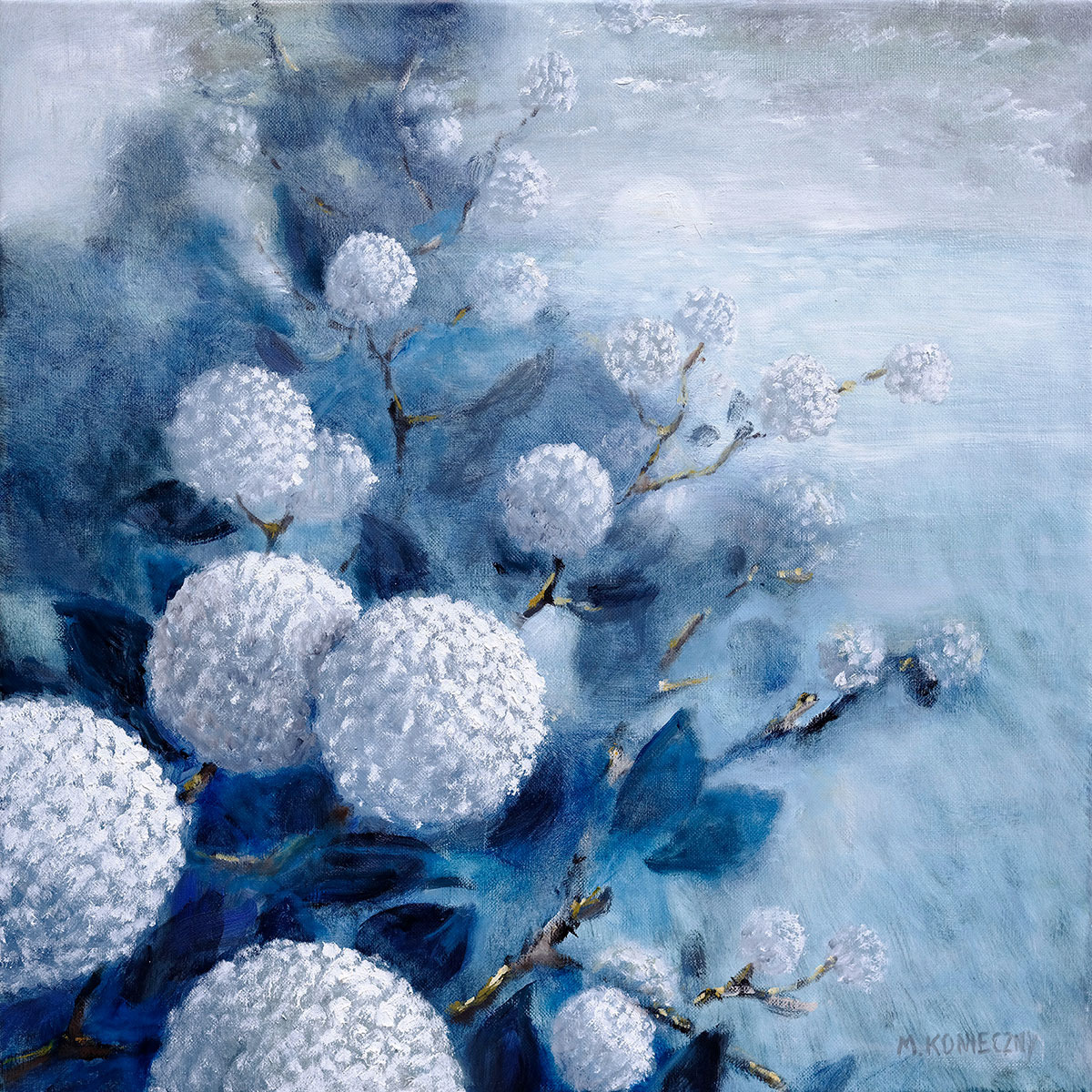 Obraz olejny Kalina, Marta Konieczny – białe puszyste kwiaty na tle błękitu i granatu, 60x60 cm. Kwadratowy romantyczny botaniczny