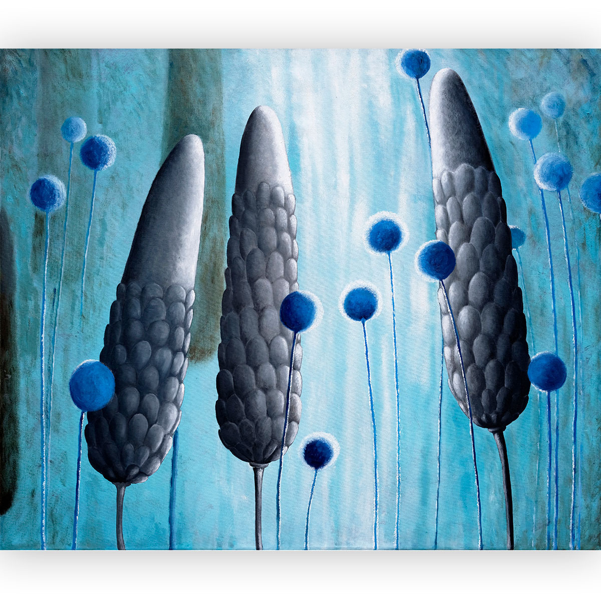 Oil painting silvery scaly form and spherical navy blue flowers on a turquoise blue background