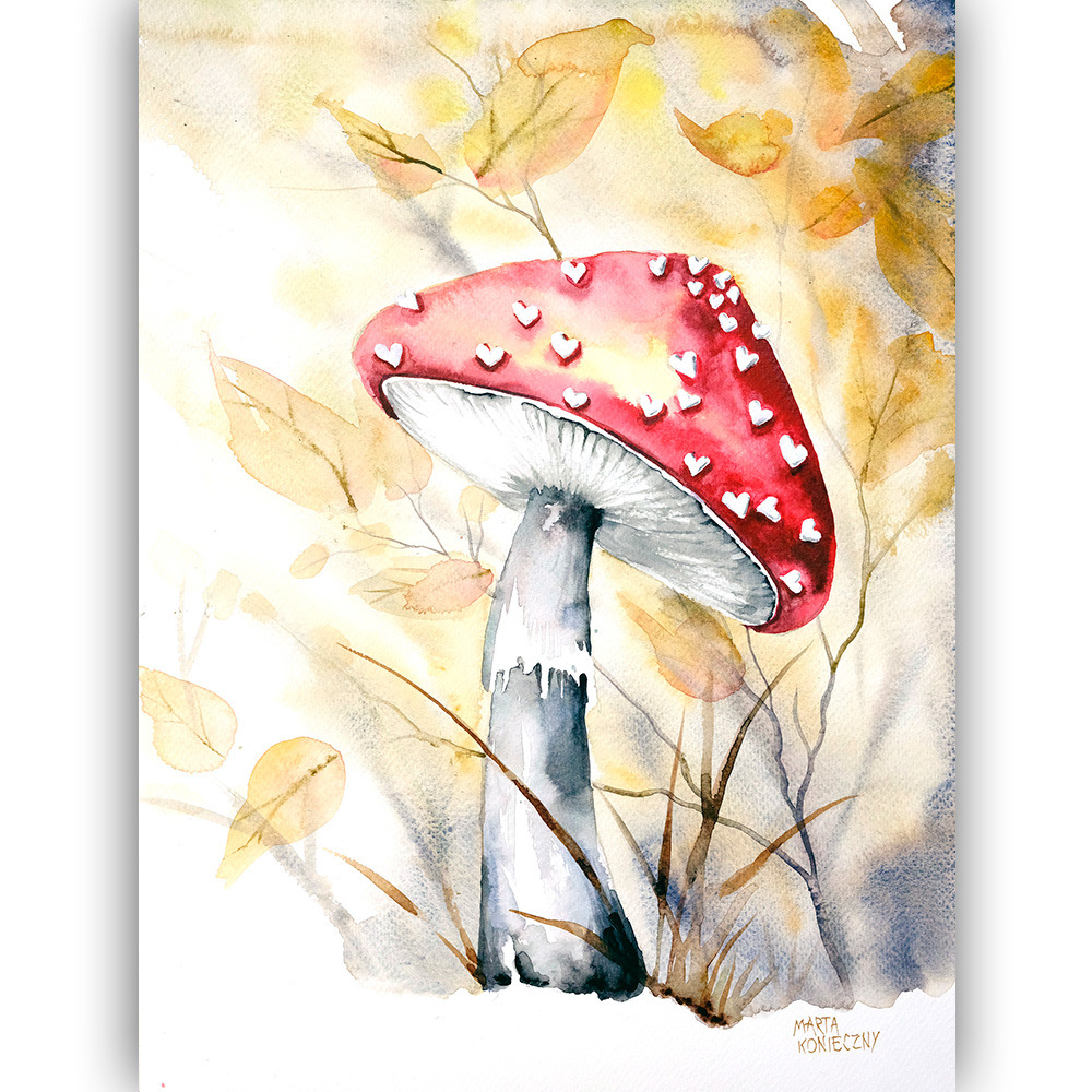 Oryginalna akwarela 40x30 cm „Much-amorek” autorstwa Marty Konieczny przedstawiająca czerwonego muchomora z kropkami w kształcie białych serduszek na tle złotej jesieni – idealny romantyczny prezent dla zakochanej kobiety lub mężczyzny.