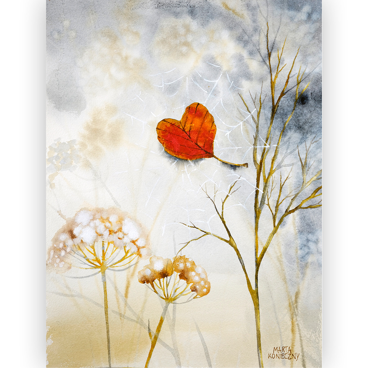 oryginalna akwarela Marta Konieczny 40x30 cm papier Baohong gramatura 300 prezent dla niego prezent dla niej dekoracji sypialni miłość tęsknota pająk jeśień pajęczyna sieć
