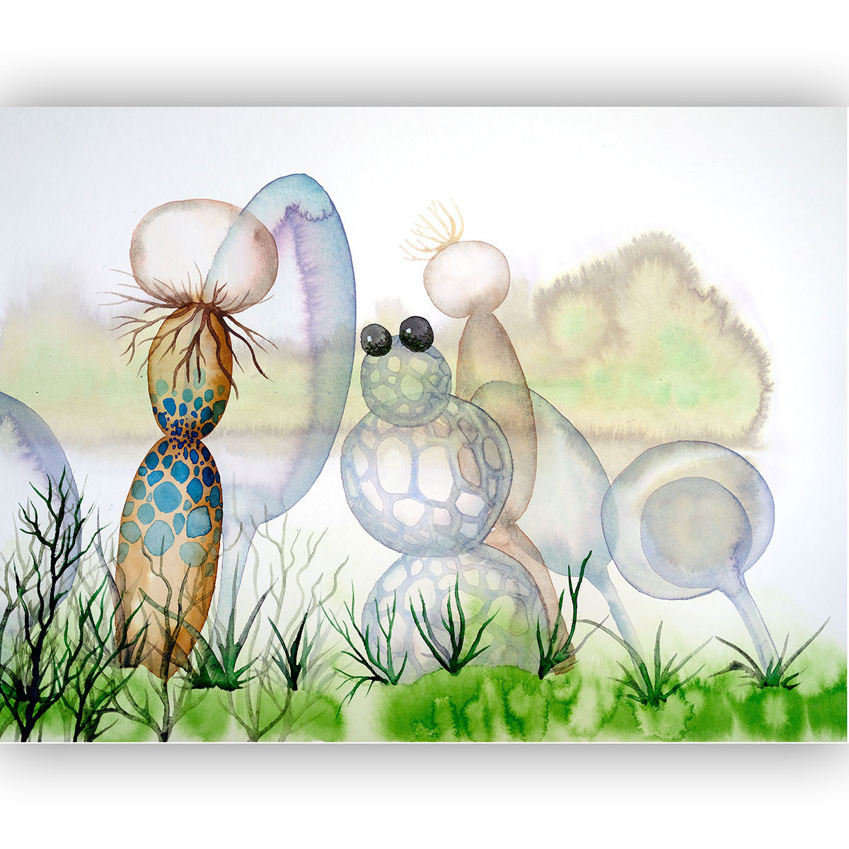Watercolour: several translucent, fairy-tale creatures stand on a strip of green grass — one brown and turquoise with spots and rootlets instead of hair, another grey with a bubbled pattern and two black eyes; a pale blurred landscape behind them
