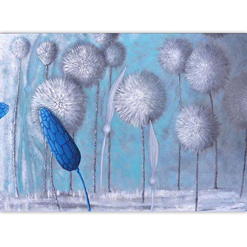 obraz olejny ogromny biały szary niebieski turkusowy sztuka nowoczesna kwiaty botaniczny ogród najlepsza galeria autorska przyroda do salonu na ścinę 130x185 cm ogromny Marta Konieczny najpiękniejszy