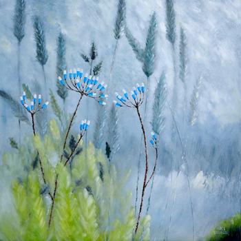 oil on canvas, original, best oil painting, Marta Konieczny, home decoration, for gift, for women, botany, nature, plants, organic, beautiful, grey, green, flowers, 100x100 cm, square