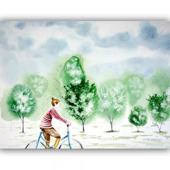 Akwarela oryginalna Marta Konieczny 40x30 cm przyroda natura na ścianę do sypialni na prezent zielona listki liście wiosenna rower dziewczyna wiosna kwitnące drzewa maj