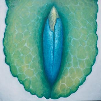 obraz olejny najlepszy najpiękniejszy zielony niebieski biały kwiat pączek erotyczny kwadratowy 100x100 cm Marta Konieczny