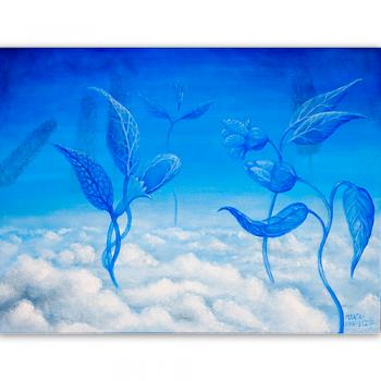 obraz olejny na płótnie Marta Konieczny niebieski ogród w niebie niebieskie kwiaty