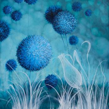 oil on canvas, original, best oil painting, Marta Konieczny, home decoration, emerald, 100x100 cm. for gift, for women, botany, nature, plants, organic, beautiful, emerald, green, blue flowers, 100x100 cm, square