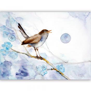 oryginalna akwarela 30x40 cm Marta Konieczny najlepsza najpiękniejsza nowoczesna na prezent na rocznicę dla ornitologa dla kobiety dla żony niebieska zielona kwiaty natura ptaki SŁOWIK
