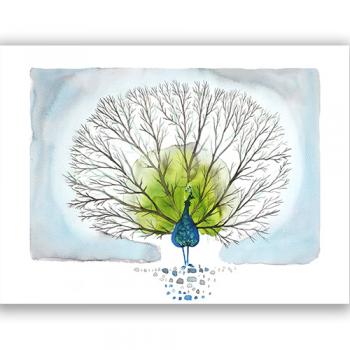 artprint copy print giclee artistic professional Marta Konieczny best beautiful gallery modern art for present for gift for bedroom for salon on wall for birthday for order botanical blue bird peakok winter tree grey green