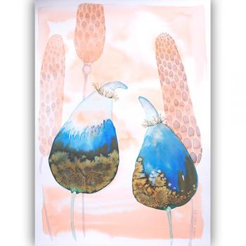 oryginalna akwarela nowoczesna botaniczna 40x30 cm idealna na prezent dla kobiety dekoracja do sypialni zmysłowa różowa, morelowa, niebieska