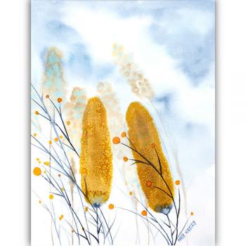 oryginalna akwarela dla kobiety, dla dziewczyny dla przyjaciółki, na rocznicę, różowa, do sypialni, do salonu, najładniejsza, na prezent, 
Marta Konieczny, 40x30 cm, najlepsza galeria w Warszawie, szuwary, złote złota, żółta, niebo