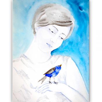 oryginalna piękna najlepsza  Marta Konieczny 40x30 cm przyroda natura na ścianę do sypialni na prezent dla dziecka dla kobiety dla zakochanych miłość serce zielony niebieski, ptaszek na dłoni, 40x30cm