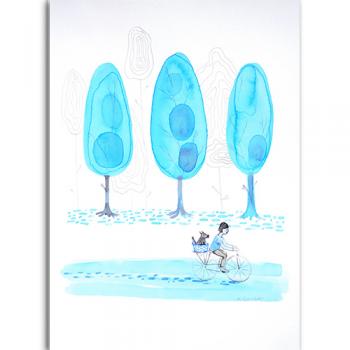 Akwarela oryginalna piękna najlepsza  Marta Konieczny 40x30 cm przyroda natura, na ścianę, do sypialni, na prezent, dziewczynka, rower, pies, dziewczynka jedzie na rowerze, pies w koszyku, drzewa, turkusowy, pejzaż, niebieski