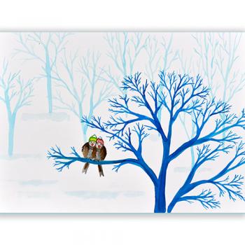 Akwarela oryginalna piękna najlepsza  Marta Konieczny 30x40 cm przyroda natura, na ścianę, do sypialni, na prezent, ilustracja dla dziecka, ptaki, zima, drzewa, niebieskie, miłość
