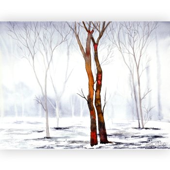 Watercolor two touching tree trunks with a carmine mark at the point of contact on white