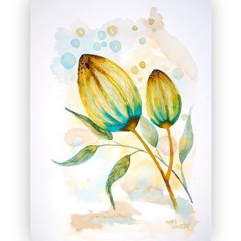 watercolor original Marta Konieczny for woman for girl for friend for anniversary gift beauty, best, Hahnemuhle paper pink blue 40x30 cm,delicate, flowers, blue, turquoise,GOLD