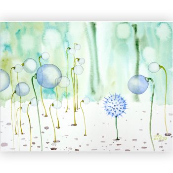 Watercolor slender stems with round buds and one blue bud on a green background