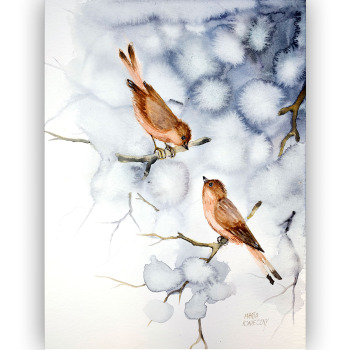 oryginalna akwarela Marta Konieczny 40x30 cm nowoczesna, piękna, delikatna, najlepsza galeria, do salonu, na ścianę, na prezent, dla kobiet, dla mężczyzny, najlepsza dekoracja, unikalna, unikatowa,ptaki, ptaszki, szara, brązowa, realistyczna, para ptaków