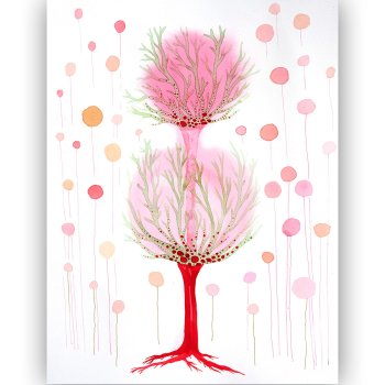 Watercolor small tree with olive twigs and red dots on a raspberry background