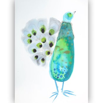 Watercolor peacock head in turquoise with a lime mark and a chest in blue emerald and gold