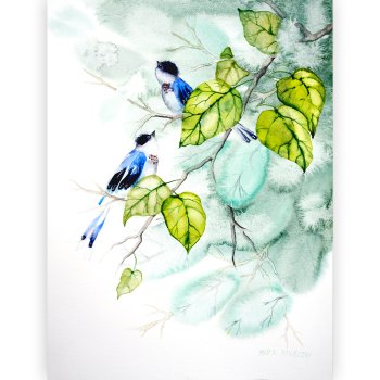 Watercolor two birds with cobalt wings on a branch among green leaves on a mint background