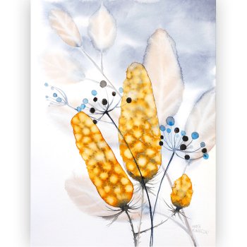 Watercolor leaf shaped forms in honey and orange with dark stems on a white background