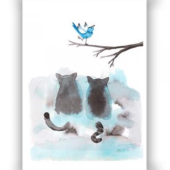 artprint copy print giclee artistic professional Marta Konieczny best beautiful gallery modern art for present for gift for bedroom for salon on wall for birthday for order botanical blue grey bird cats fat cats
