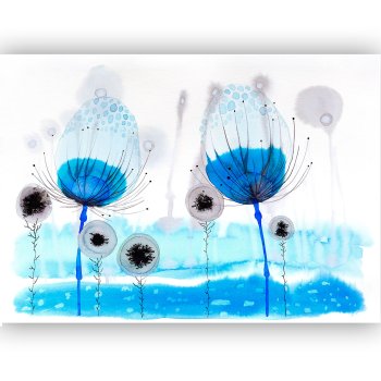 Watercolor large cobalt flower and three gray dandelions on light background
