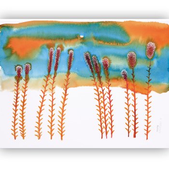 Watercolor dark grass heads on orange stems with turquoise and emerald background