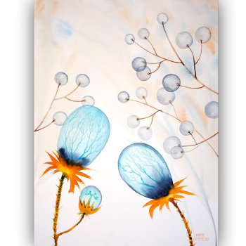 Watercolor three turquoise flowers with rusty orange crowns on salmon background