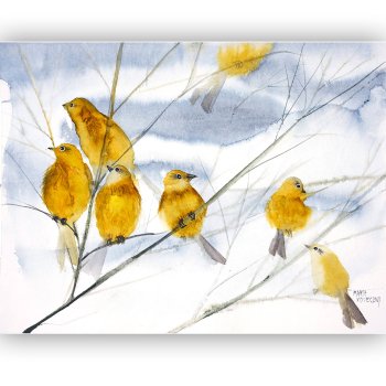 Watercolor seven golden birds on thin twigs on a gray background