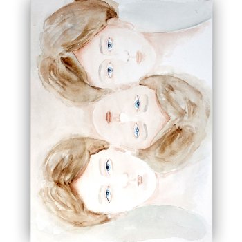 Watercolor overlapping faces of women in pink and beige with blue eyes
