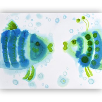 Watercolor two fish in turquoise and emerald moving toward each other on white background